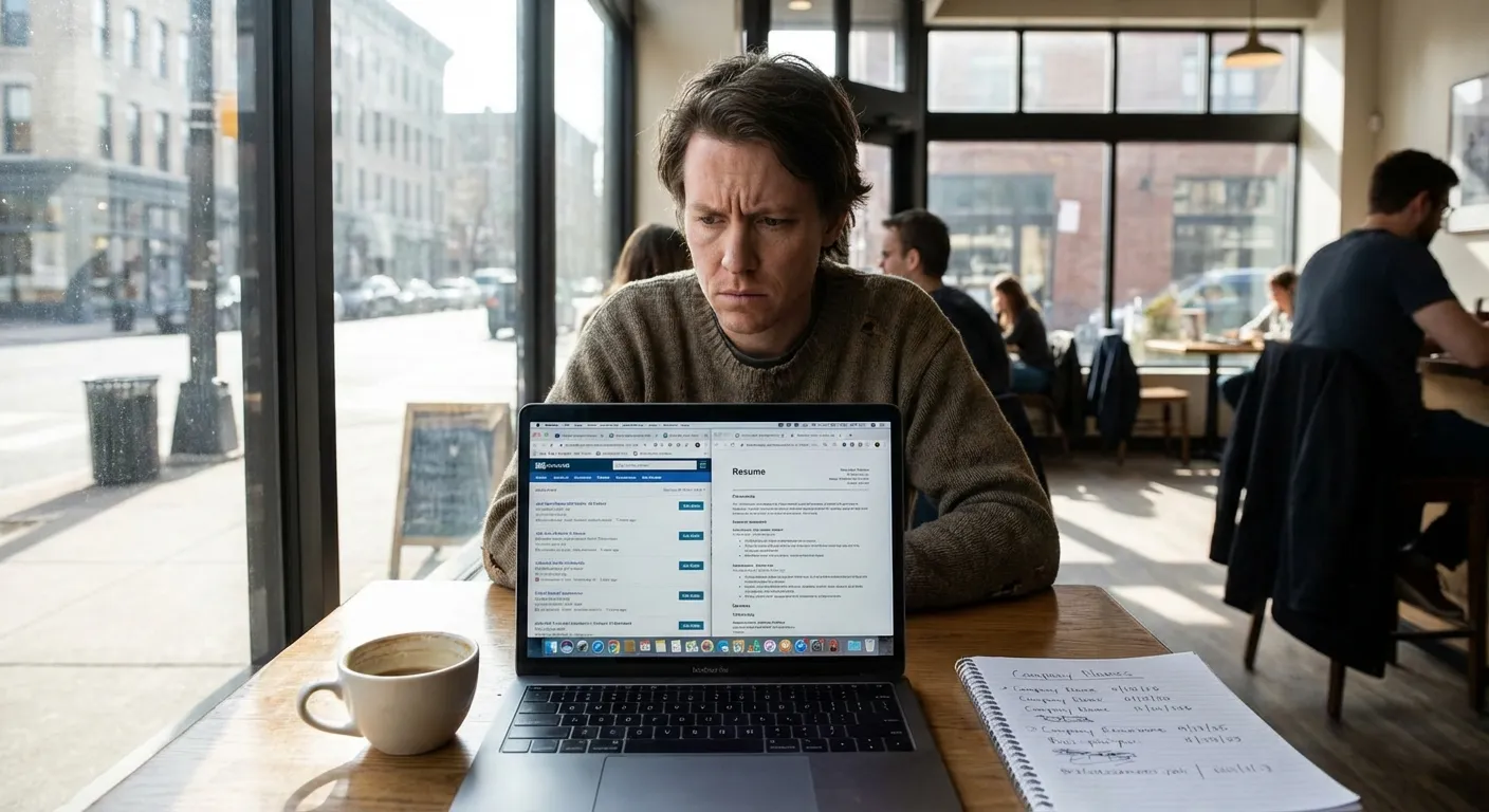 Person at laptop in coffee shop reviewing job listings and updating resume