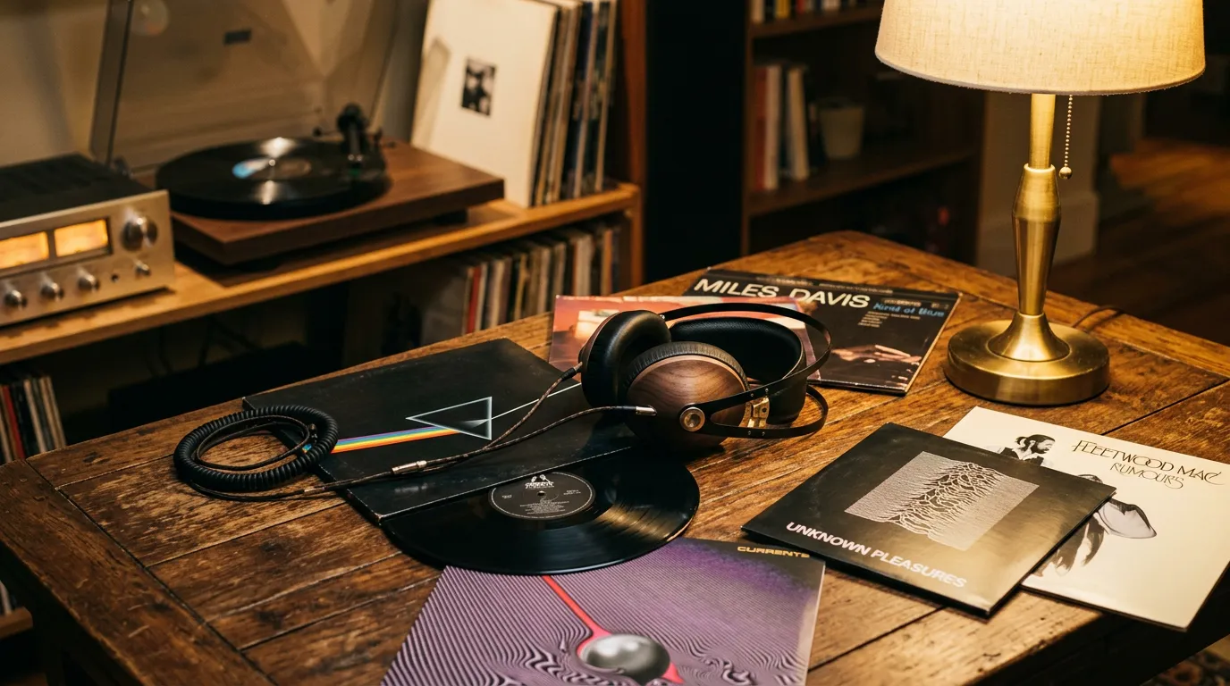 Vinyl records and headphones on a table with warm ambient lighting