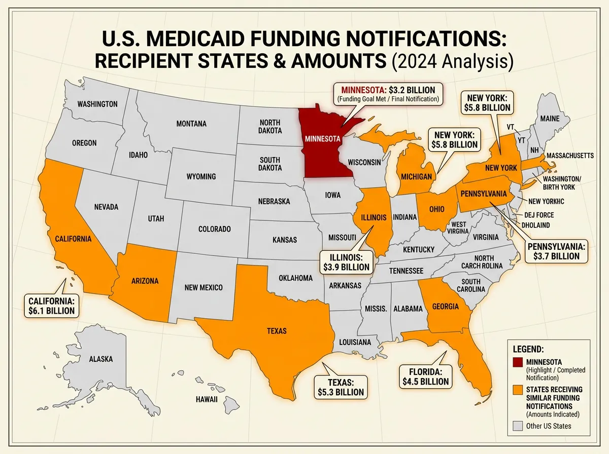 A map of the United States highlighting states affected by Medicaid funding disputes