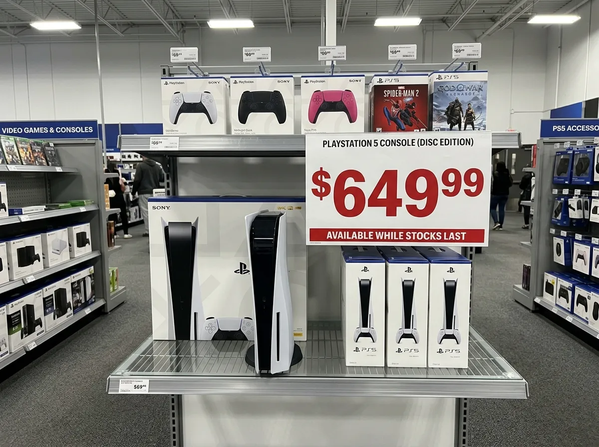 An empty retail display shelf with a PS5 console and a prominent price tag reading $650