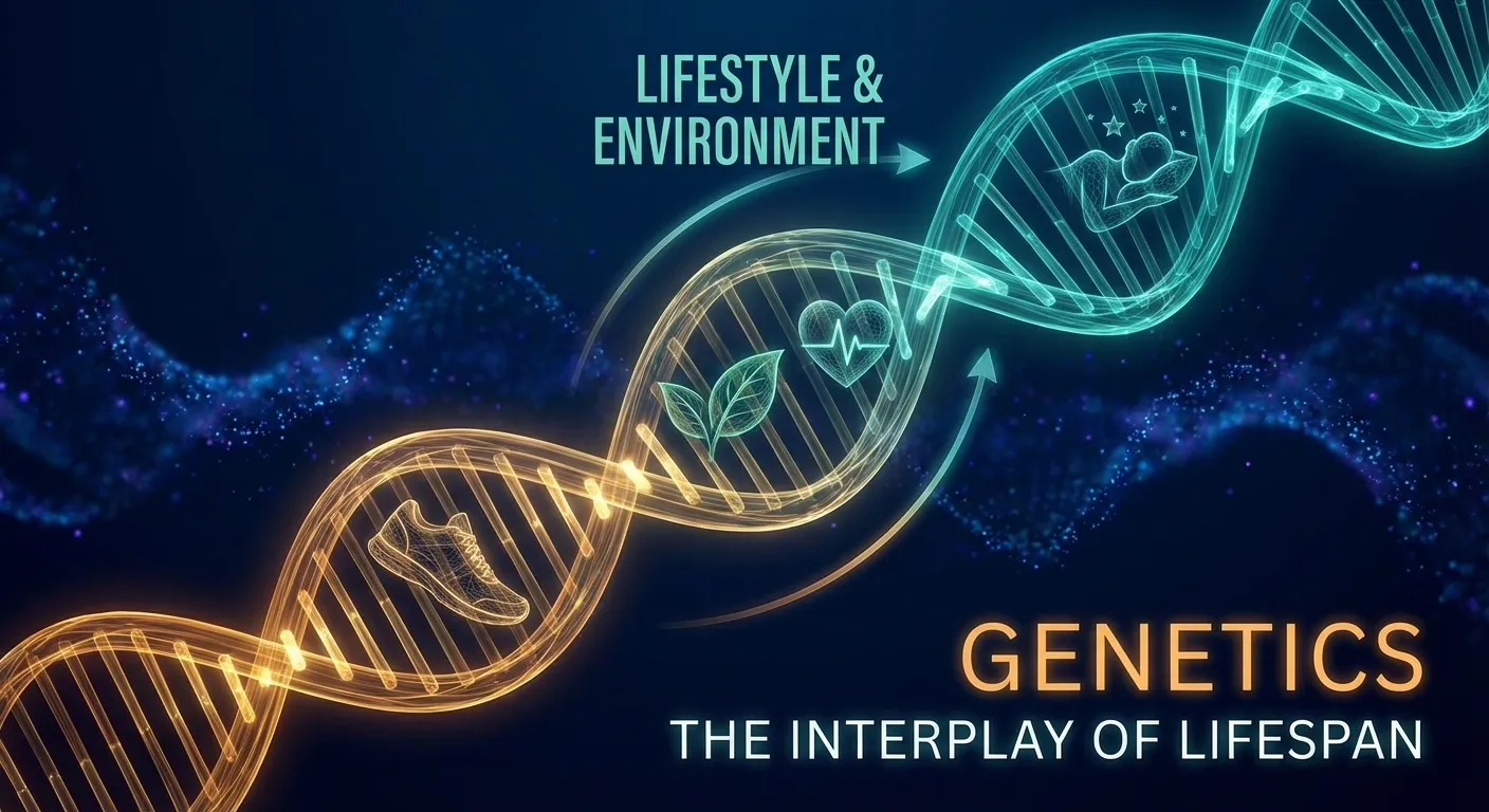 DNA double helix intertwined with lifestyle elements representing genetics and longevity