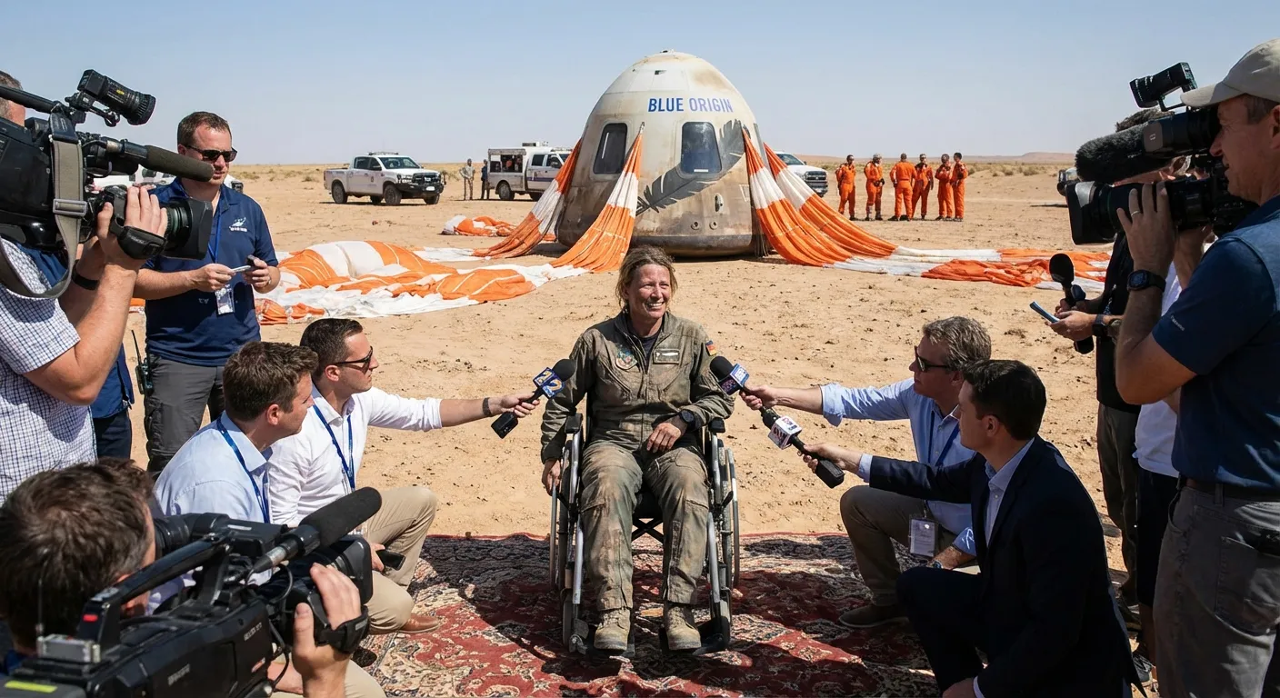 Michaela Benthaus being interviewed by media after landing in her wheelchair in the desert
