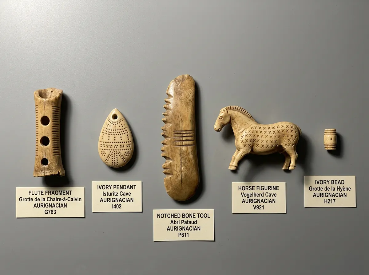 Aurignacian artifacts with carved symbols including V-notches crosses and dots arranged for study