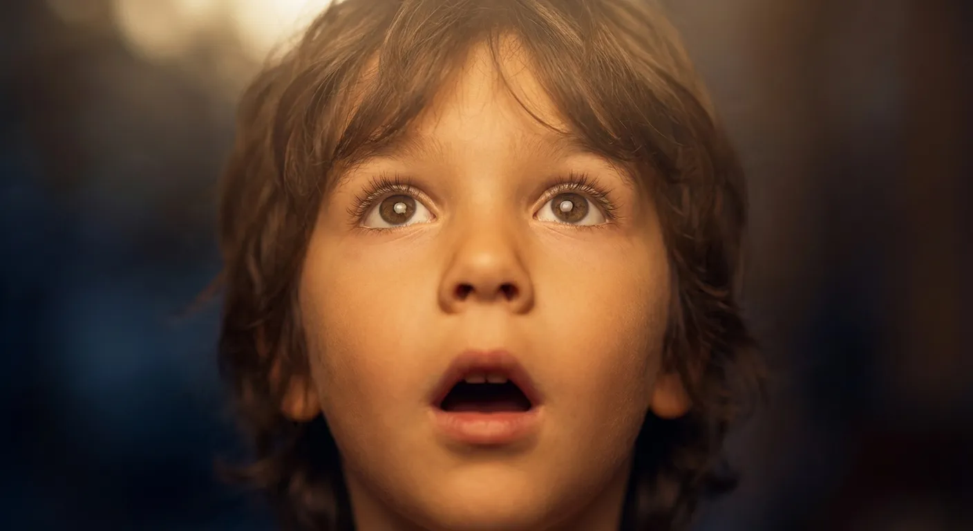 Close-up of a child's face looking up with wide-eyed wonder at something out of frame