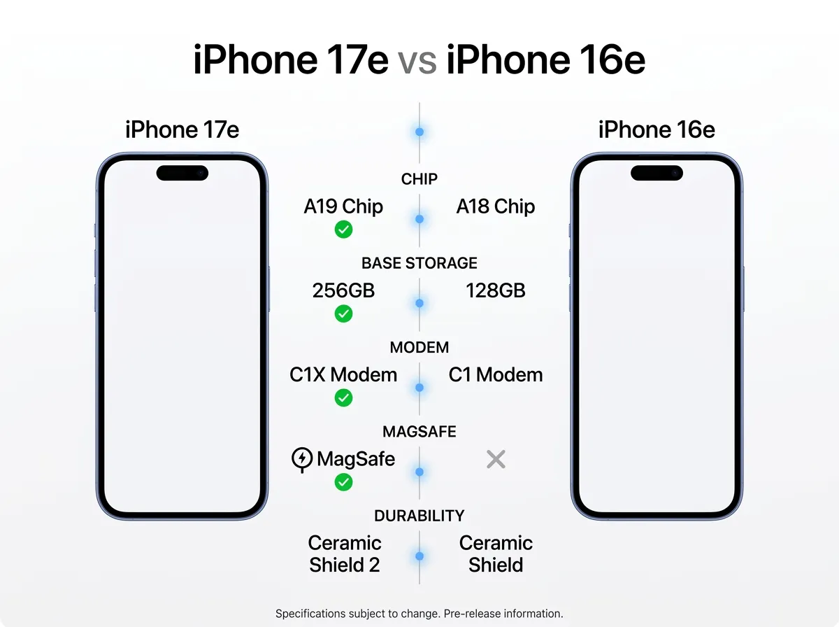 Comparison chart of iPhone 17e versus iPhone 16e specifications