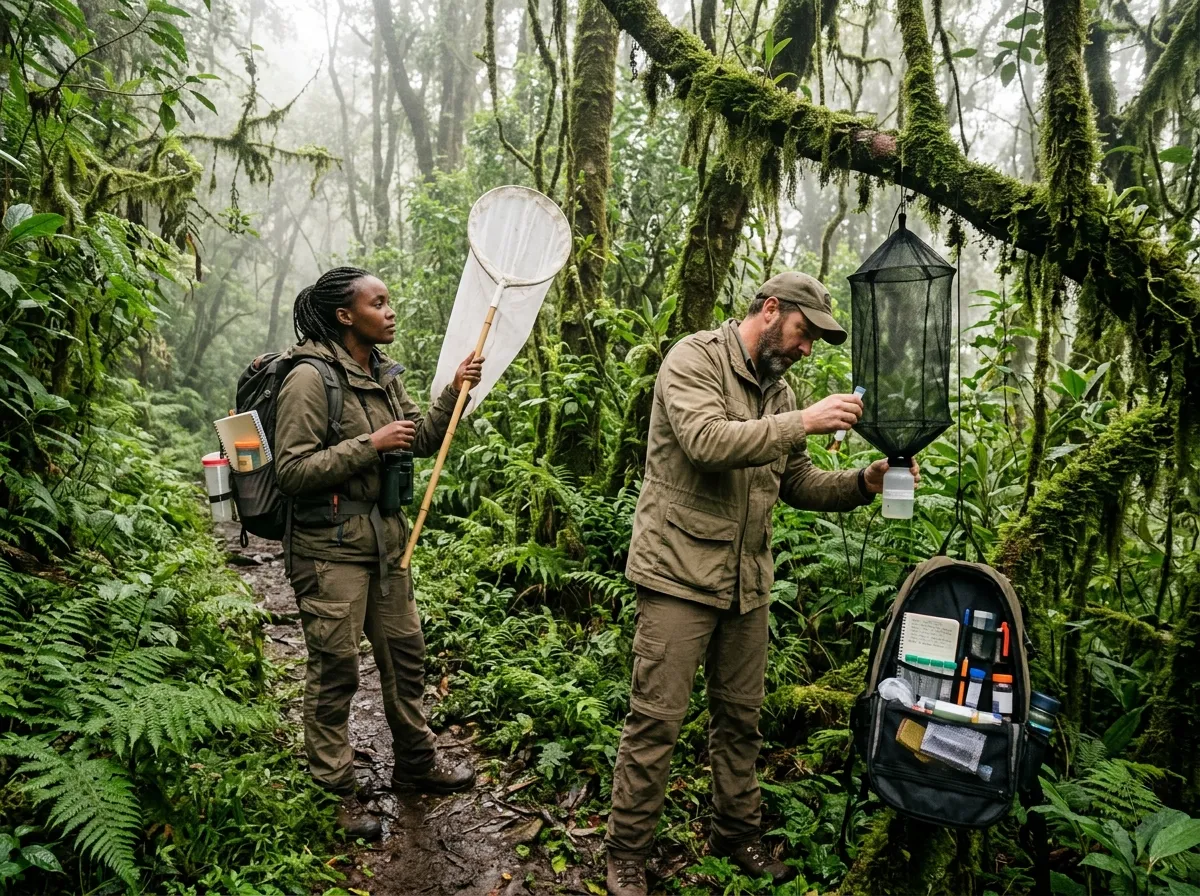 Researchers collecting insect specimens in an East African mountain forest with nets and traps