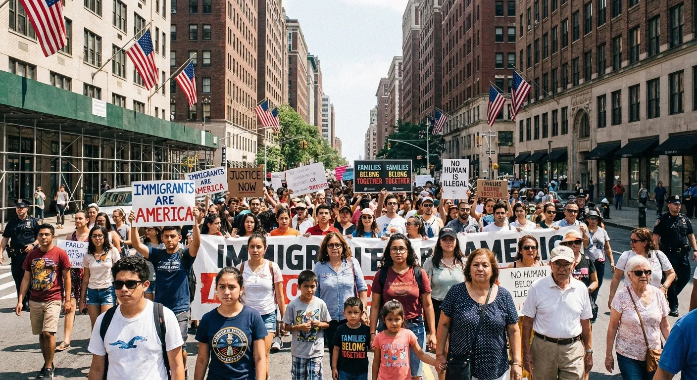 Protesters marching with signs about immigration rights