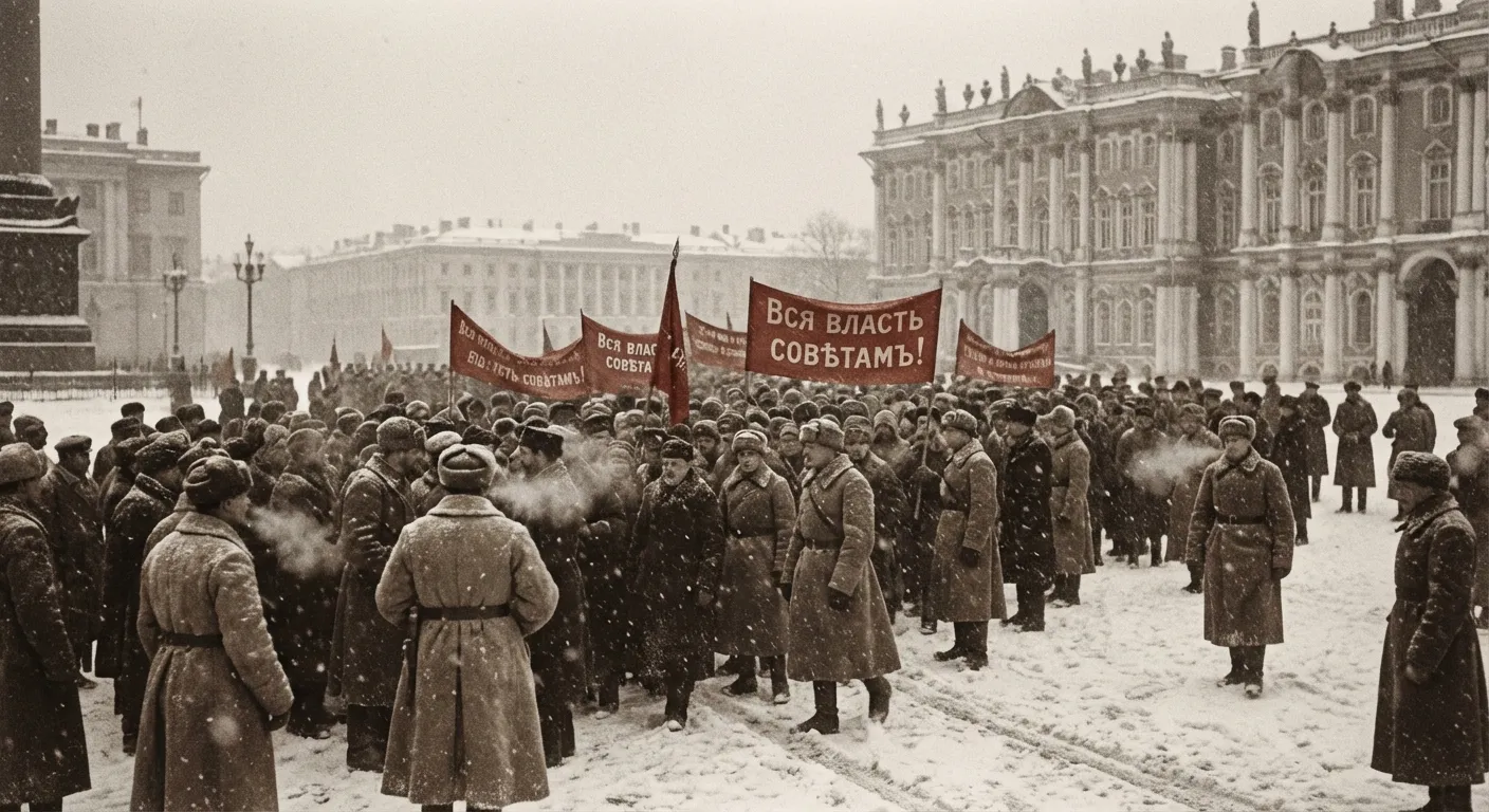 Workers and soldiers gathering in snowy Petrograd during 1917 revolution