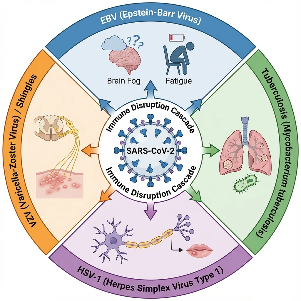 Diagram showing multiple dormant infections that may reactivate during COVID immune disruption