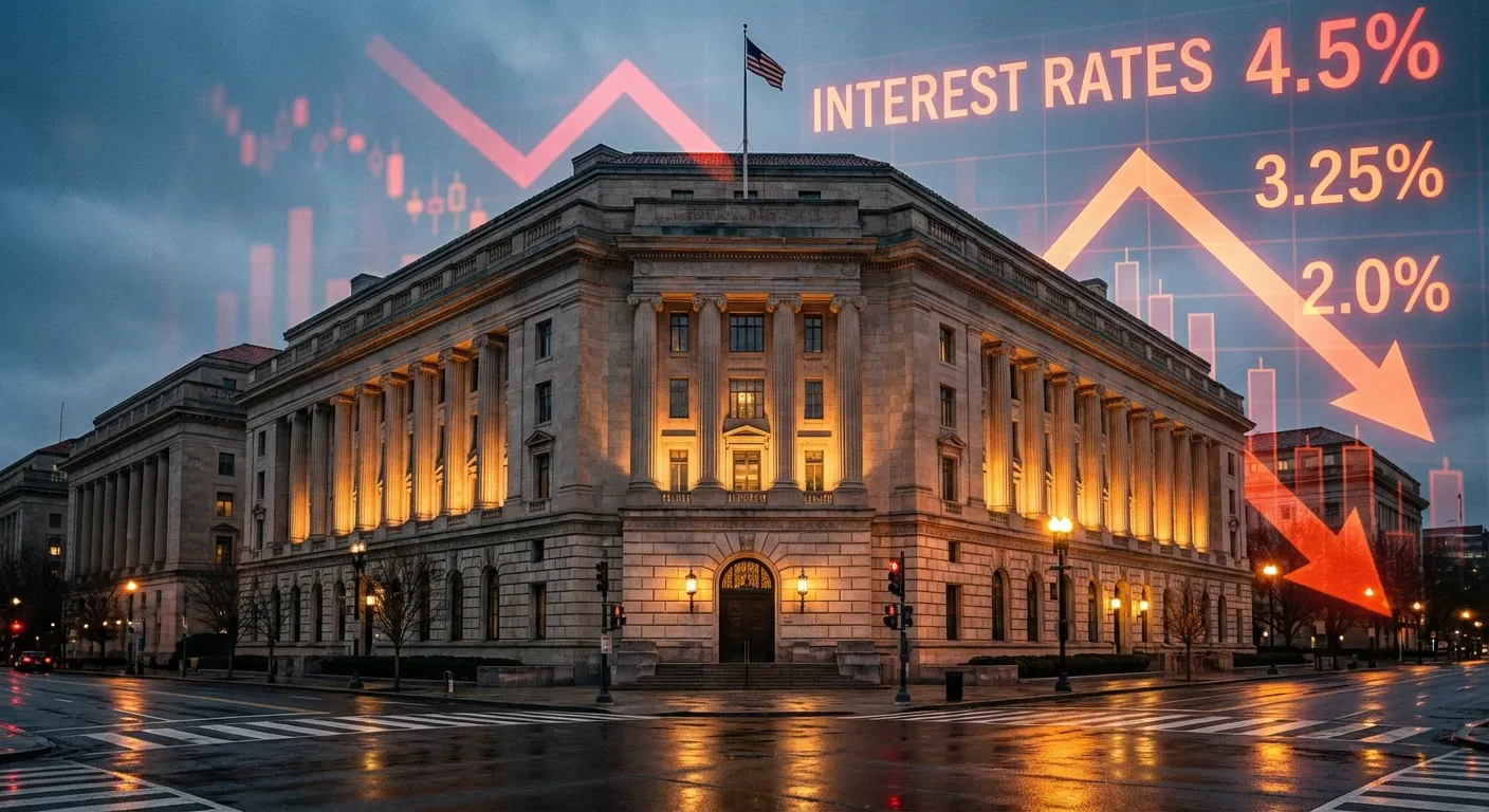 Federal Reserve building in Washington DC with financial data overlay