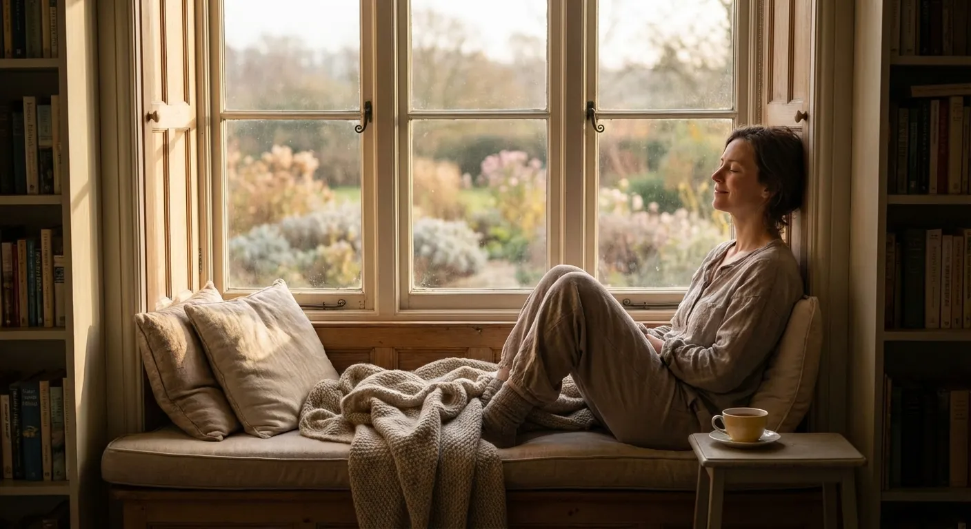 Person sitting peacefully in a sunlit window seat with eyes closed, doing nothing