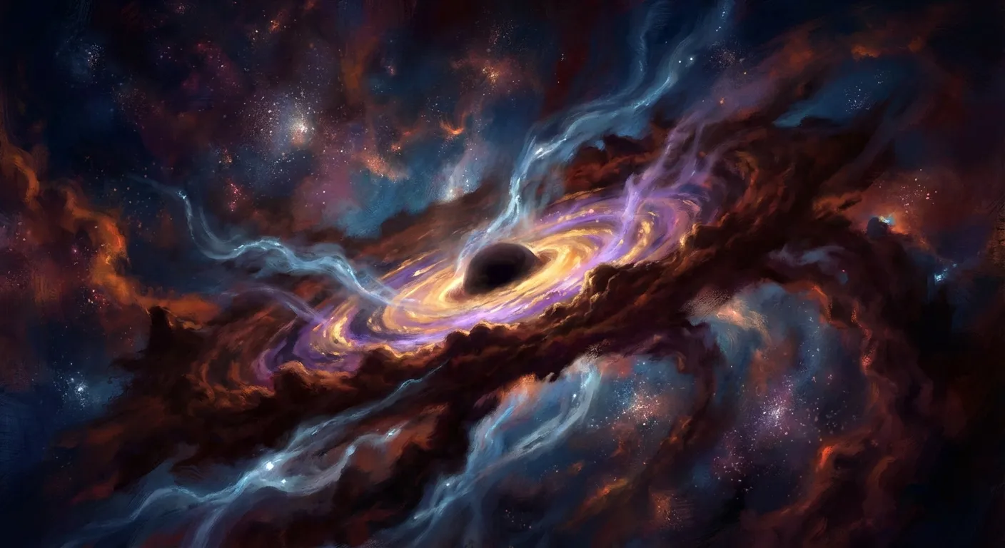 Artist conception of young black hole inside gas cloud devouring matter at center of early galaxy