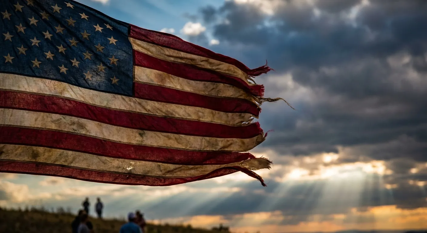 An American flag waving against a partly cloudy sky with the sun breaking through