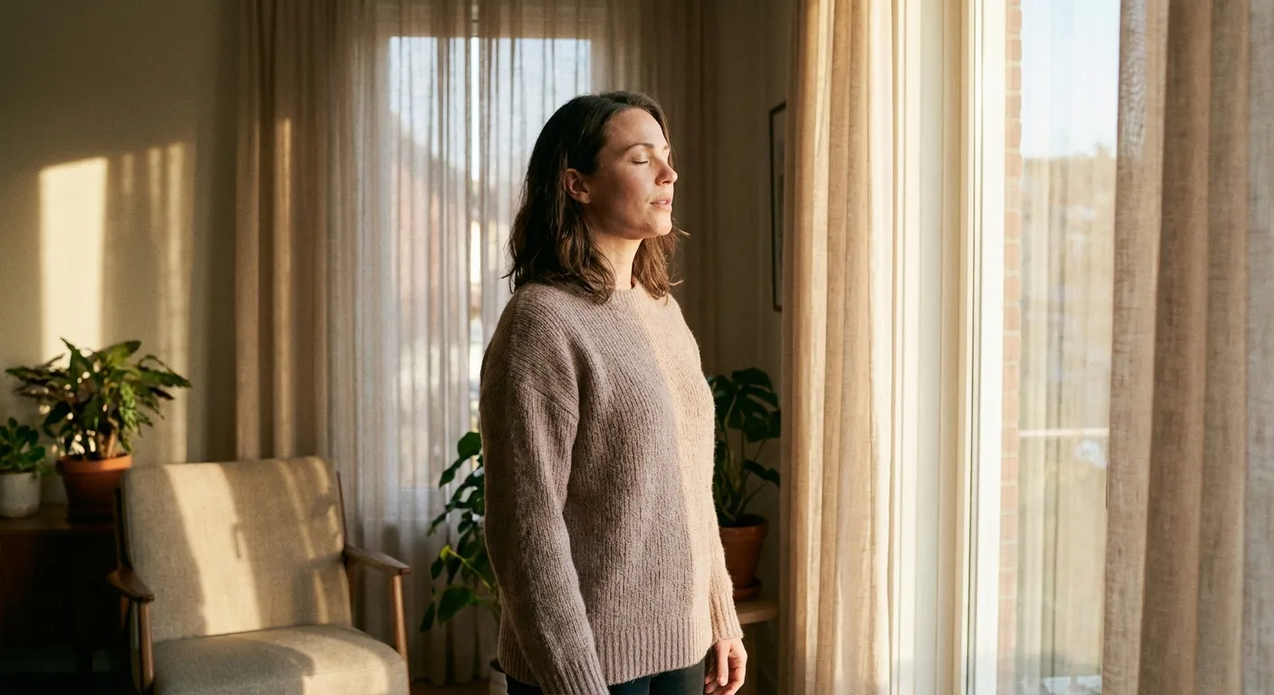 Person taking a deep breath with eyes closed in natural light showing calm presence