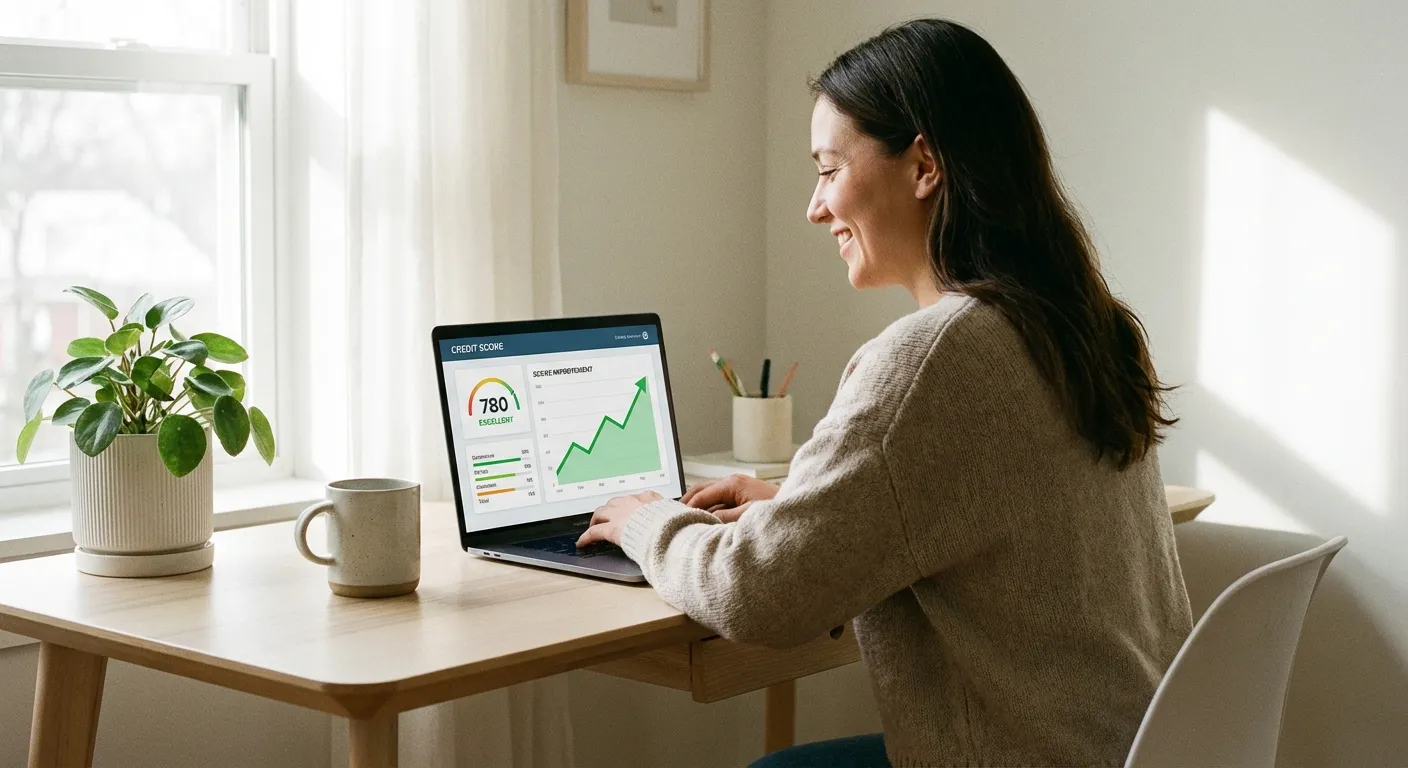 Person reviewing their credit report on a laptop with a rising score graphic