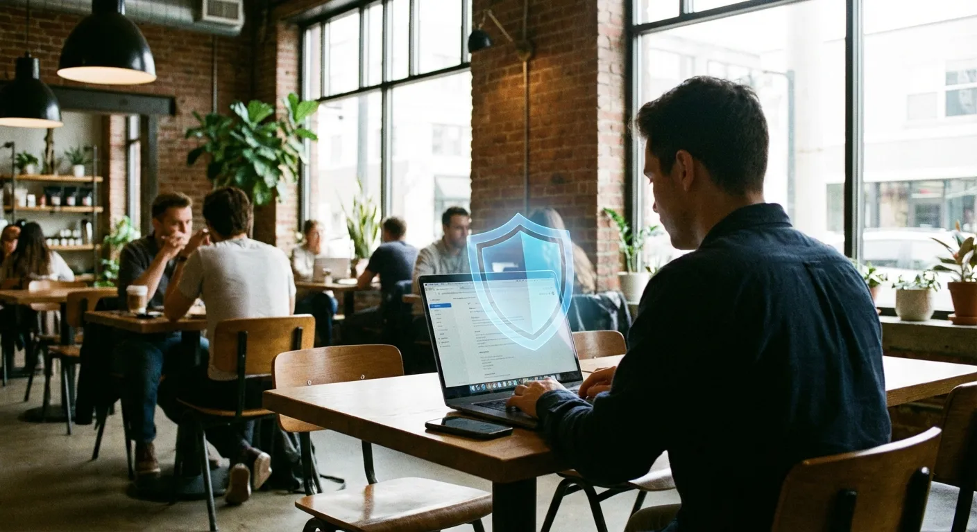 Person using laptop at a coffee shop with a security shield overlay