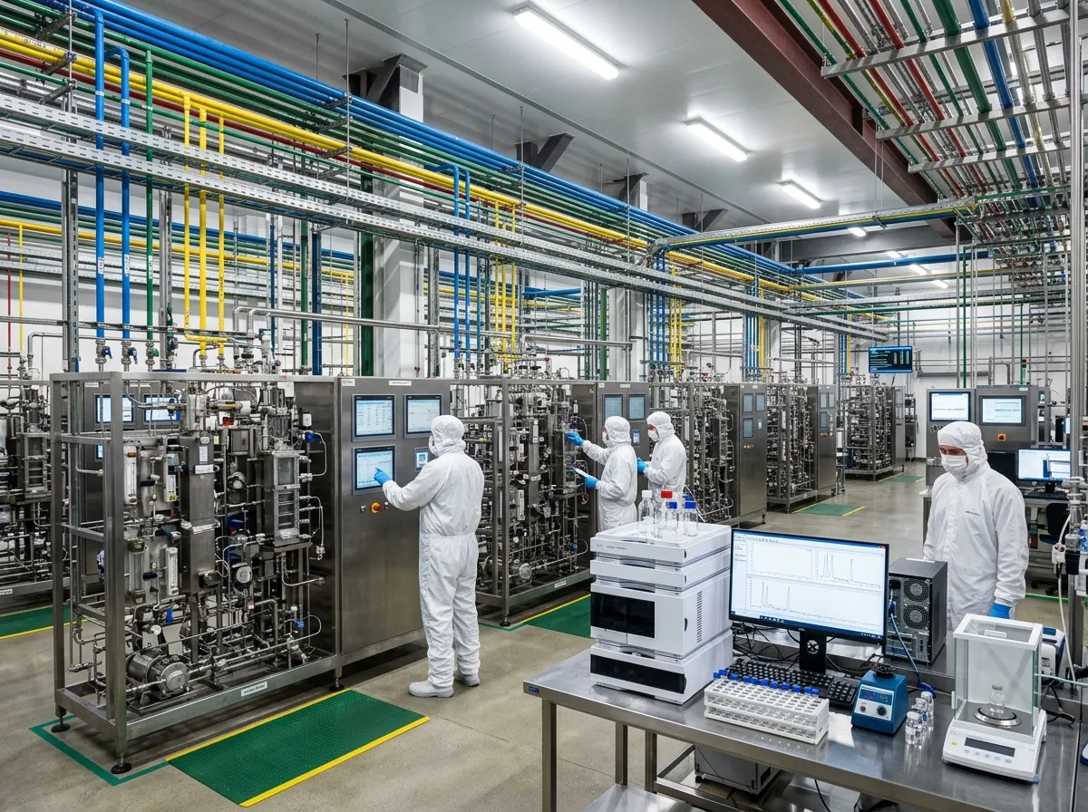 Pharmaceutical production facility with continuous flow chemistry reactors and quality control stations