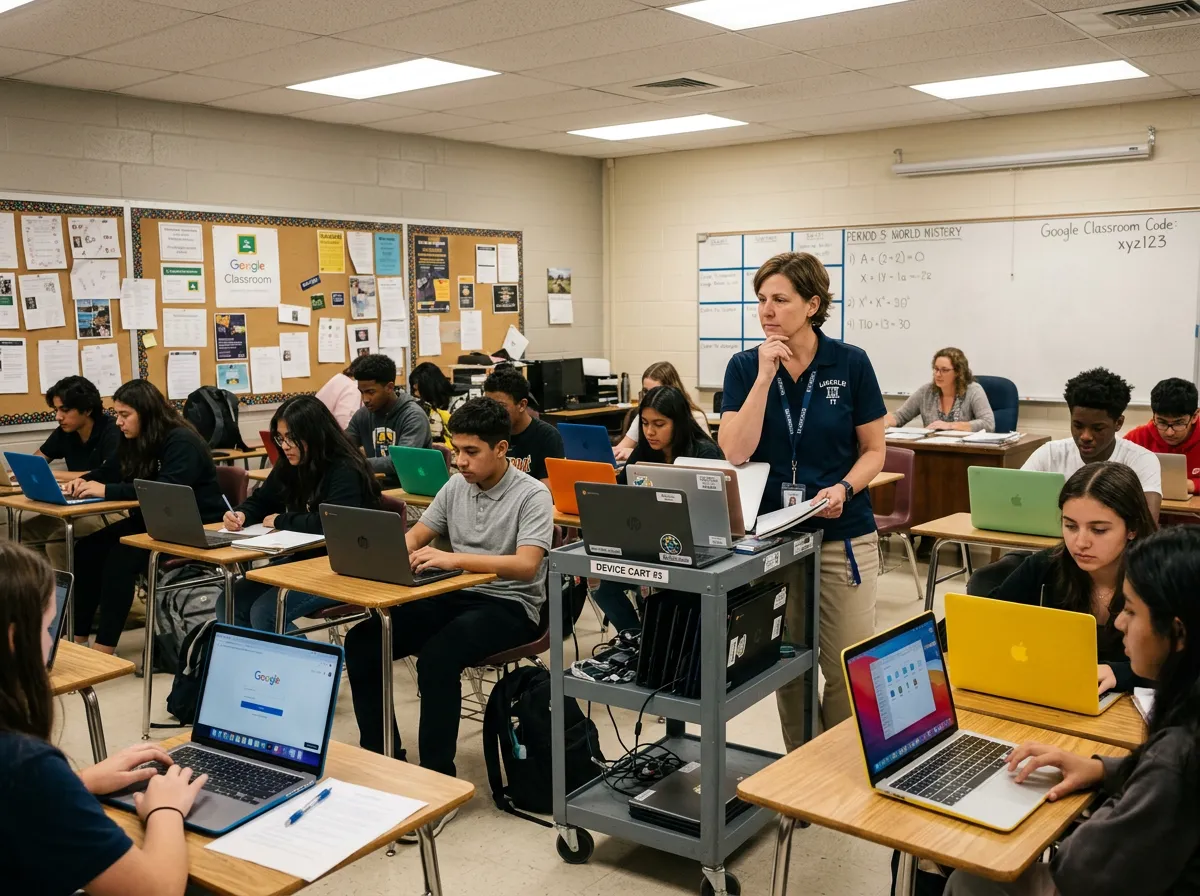 A classroom setting with both Chromebooks and MacBook Neos on student desks