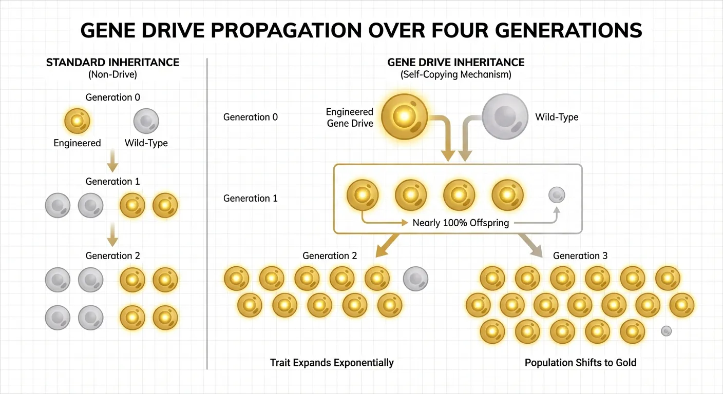 Diagram showing how a gene drive spreads through a population over successive generations