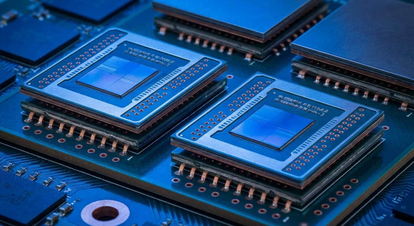 High-bandwidth memory chips on circuit board with blue technical lighting