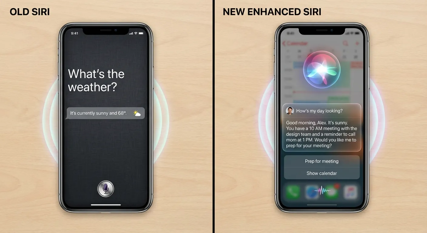 Comparison of old and new Siri interface showing enhanced conversational capabilities