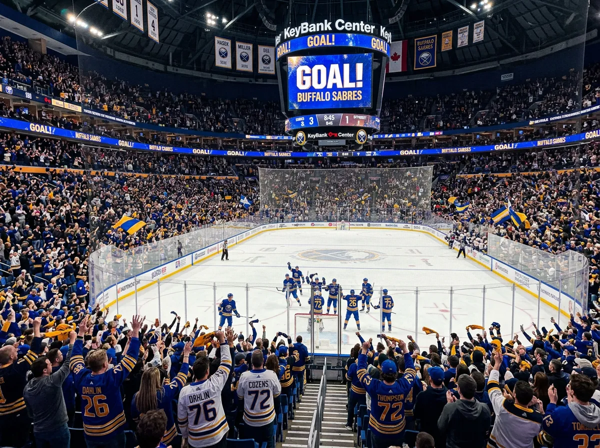 A packed arena during a Buffalo Sabres game with fans wearing blue and gold jerseys