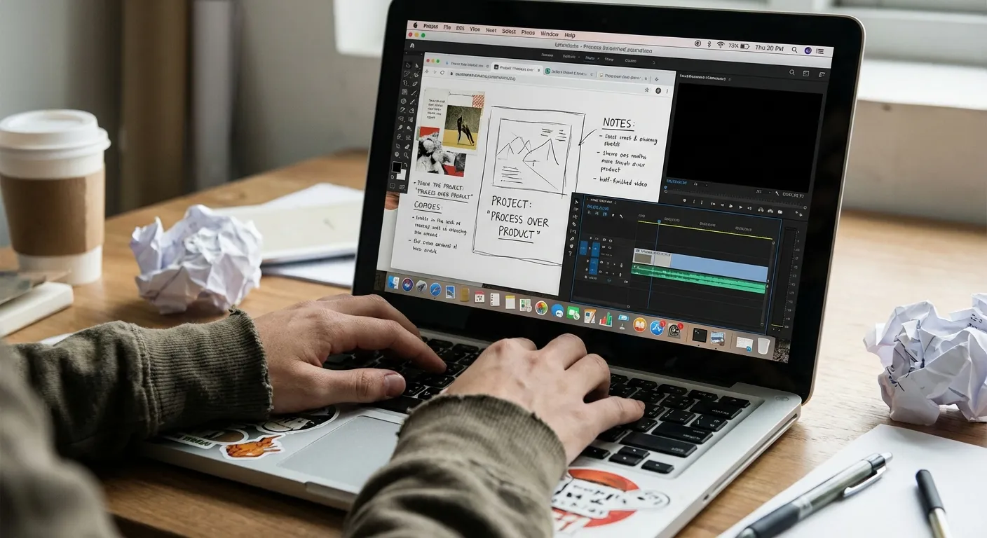 Hands typing on laptop keyboard with creative work visible on screen showing work in progress