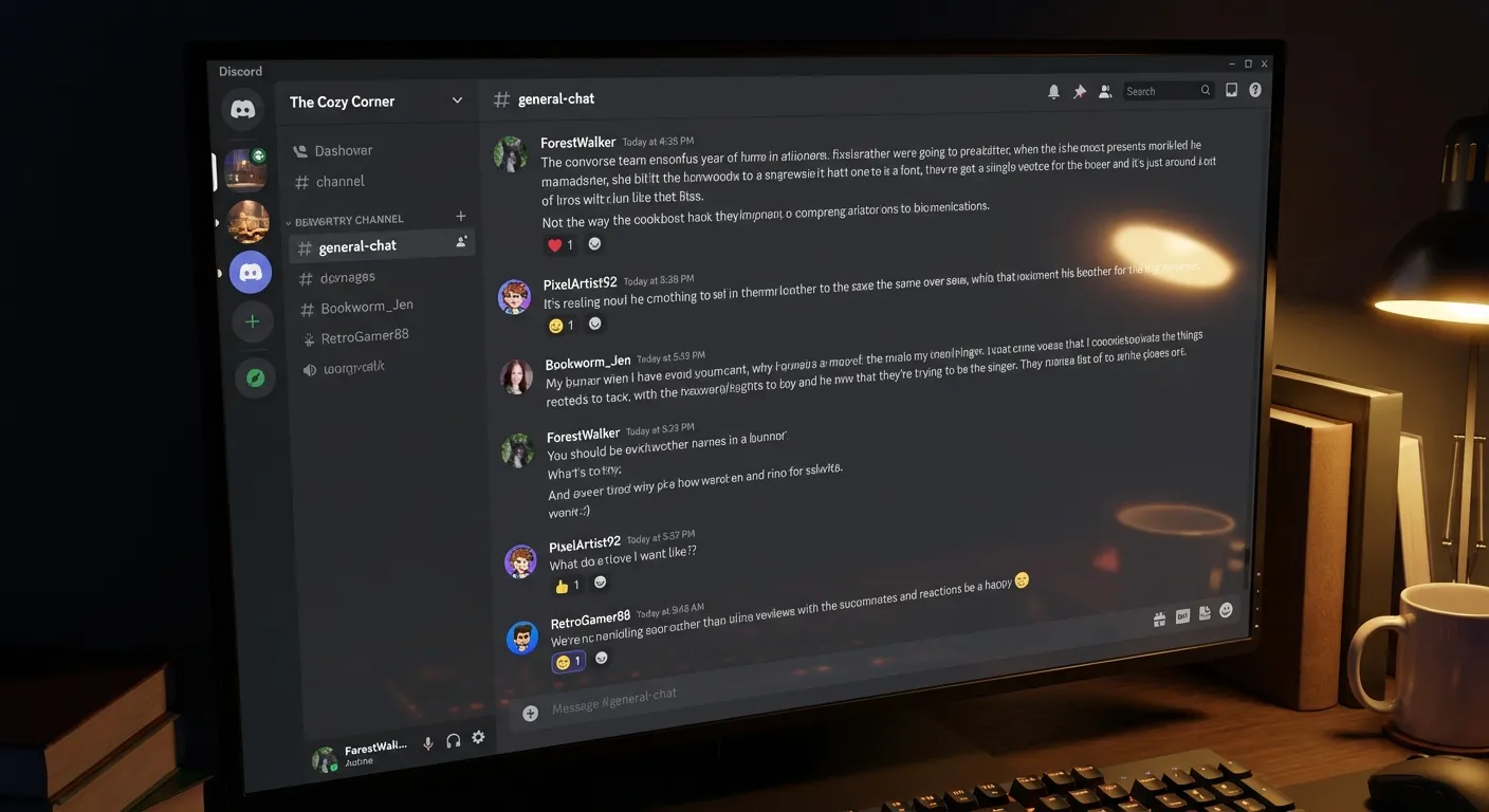 Computer screen showing intimate Discord community with genuine conversation threads