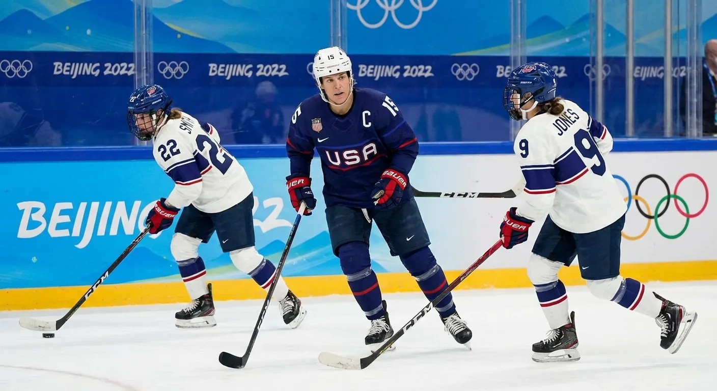 Veteran women's hockey player skating with teammates during Olympic warmups