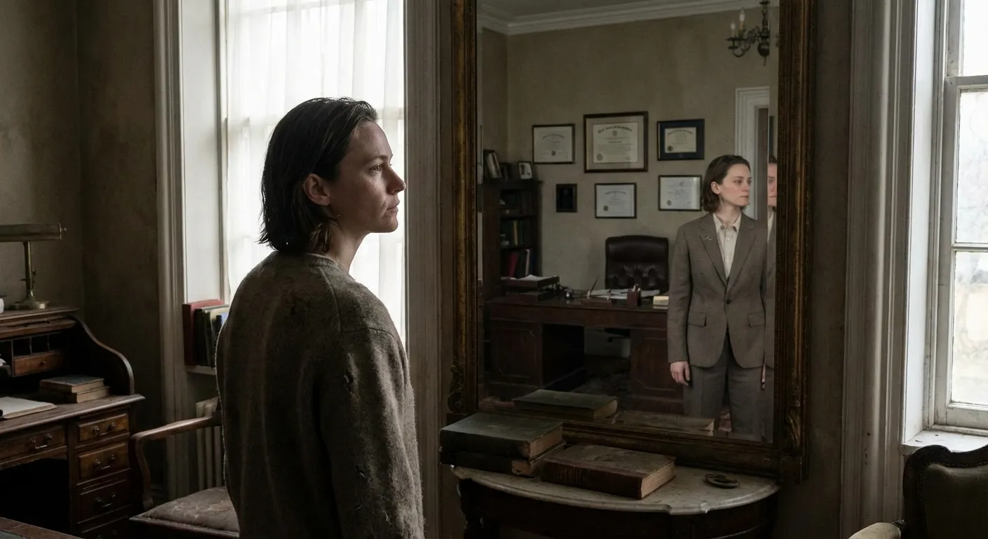 Person looking at their reflection seeing a different version of themselves they were expected to become