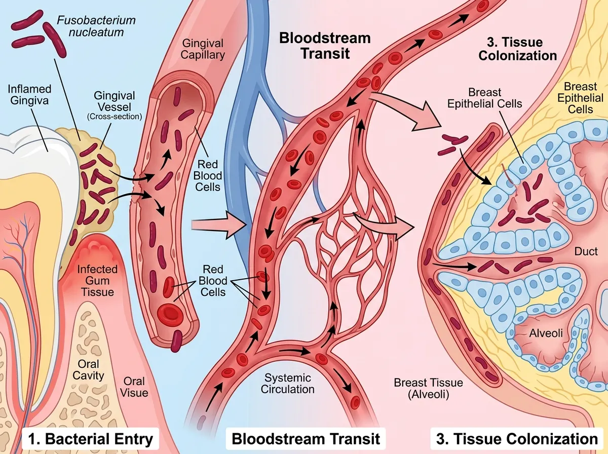 Diagram showing the pathway of oral bacteria through the bloodstream to breast tissue