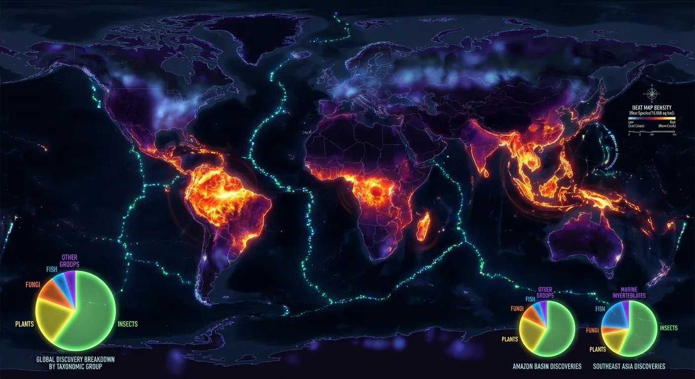 Map showing global hotspots for new species discovery with concentration in tropical regions