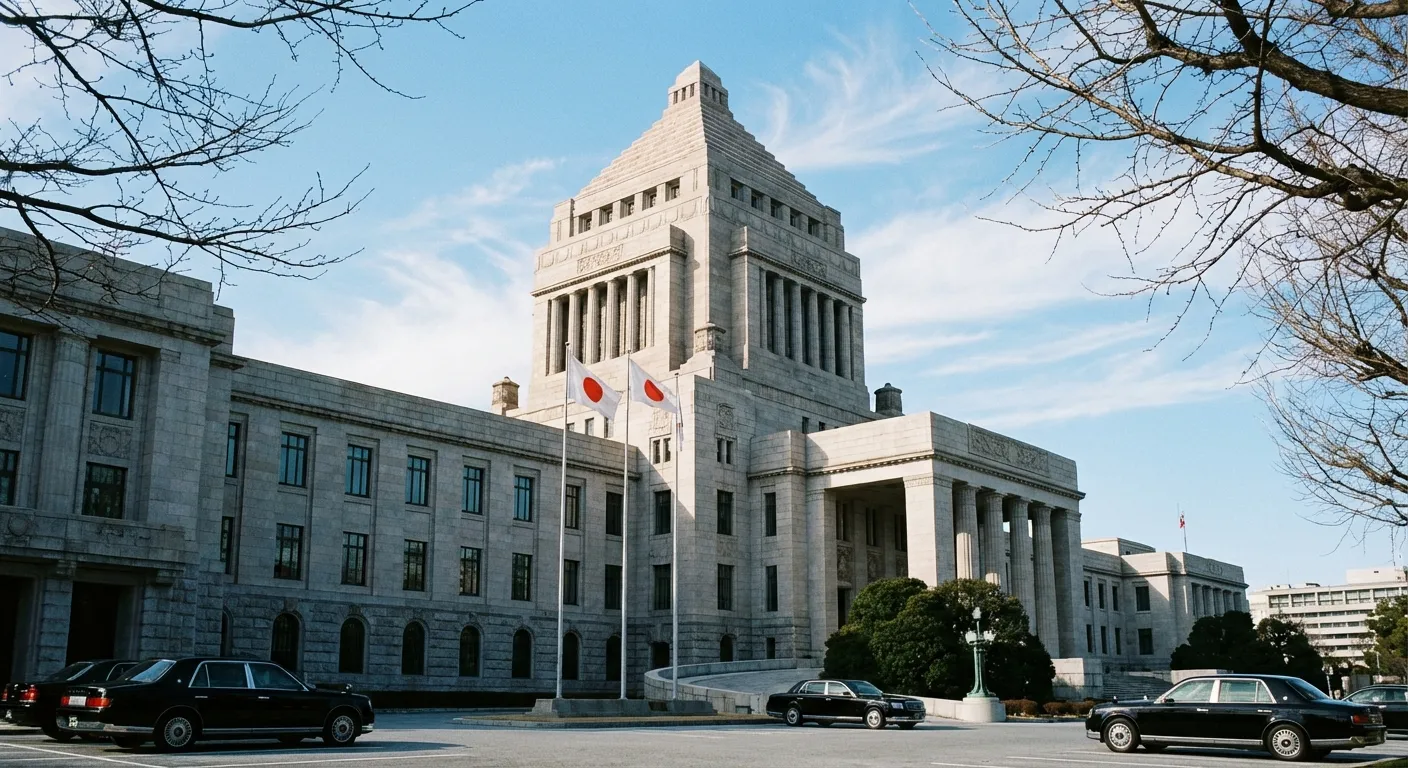 The Japanese National Diet building in Tokyo under winter sky with flags flying