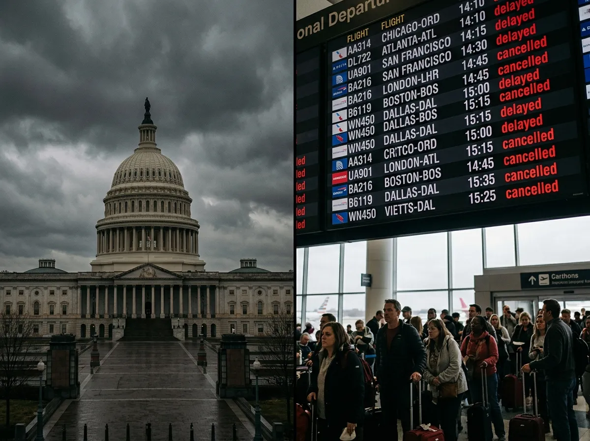 Split screen showing the U.S. Capitol building and an airport departure board with delayed flights