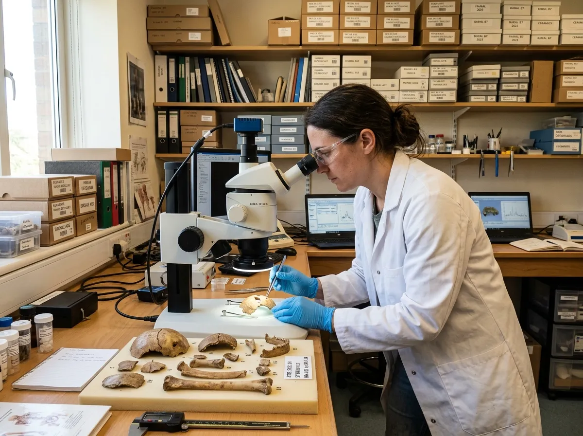 A researcher examining ancient bone fragments under a high-powered microscope in a laboratory