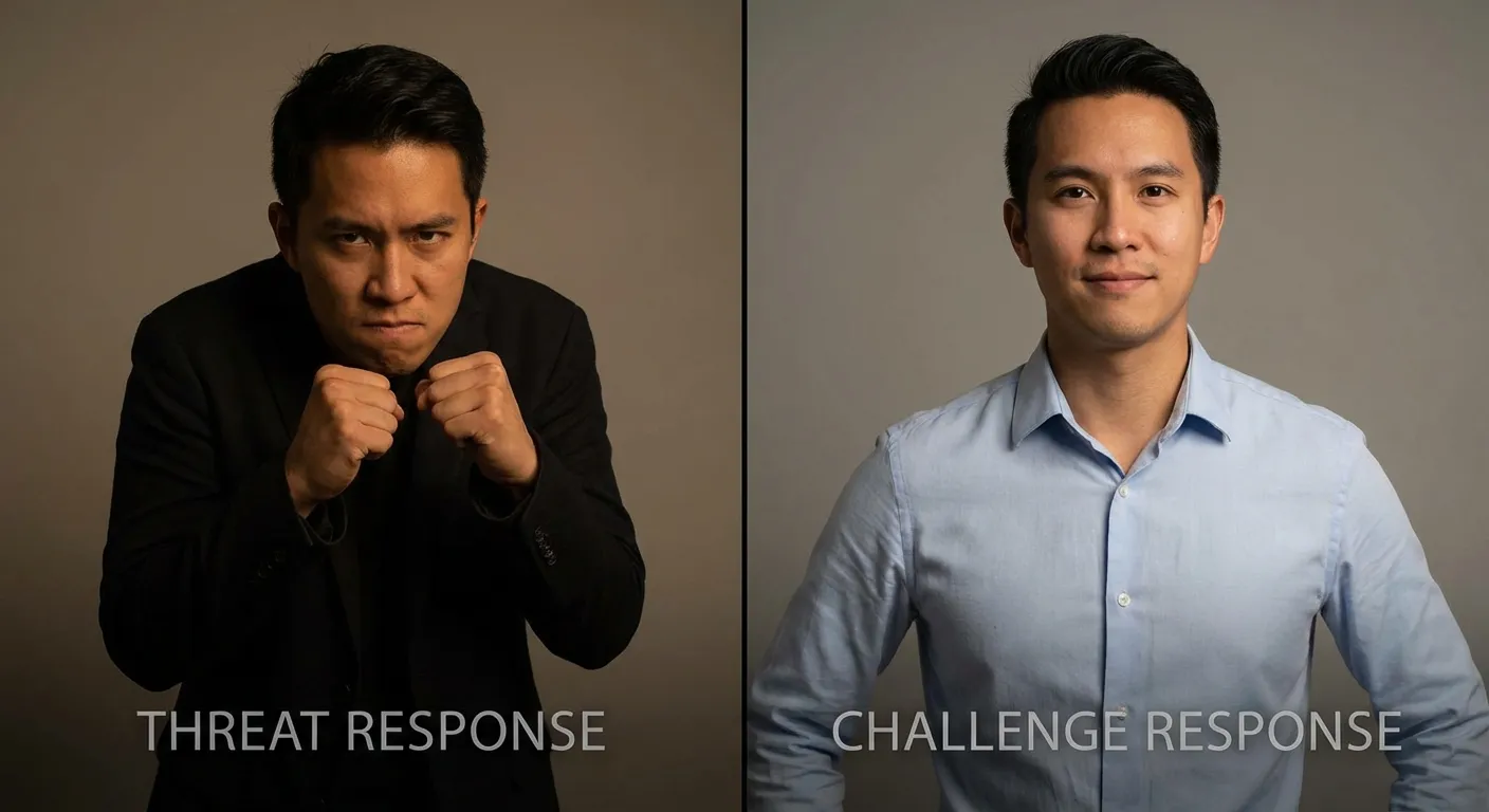 Split image showing tense shoulders versus relaxed open posture during stress