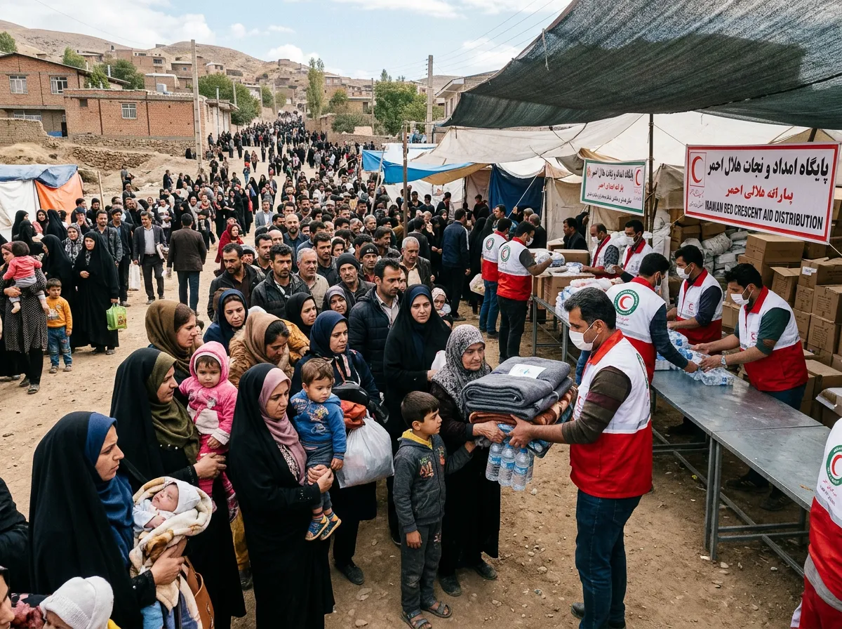 Crowded Iranian Red Crescent aid distribution point with hundreds of displaced families waiting