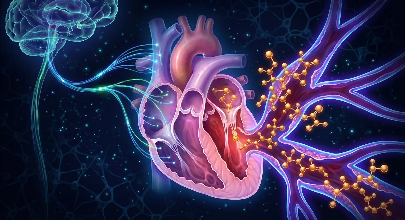Conceptual illustration of oxytocin molecules interacting with heart tissue and blood vessels