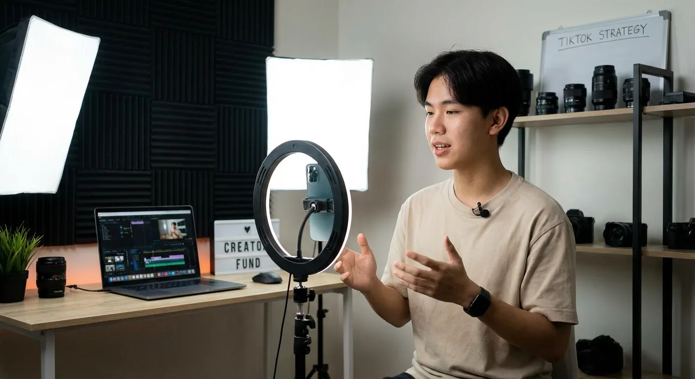 Young content creator filming a TikTok video in their studio