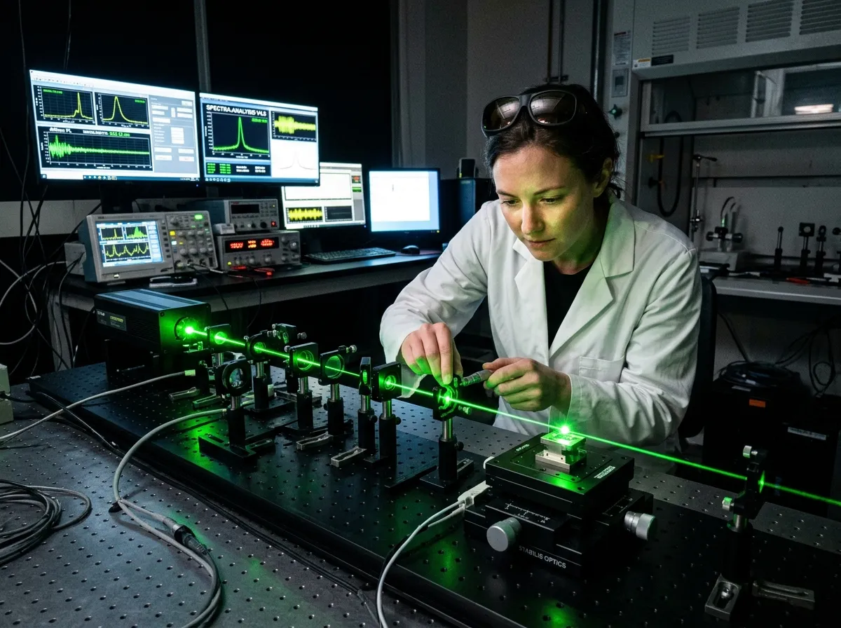 A physicist adjusting laser equipment aimed at a tiny device on an optical bench
