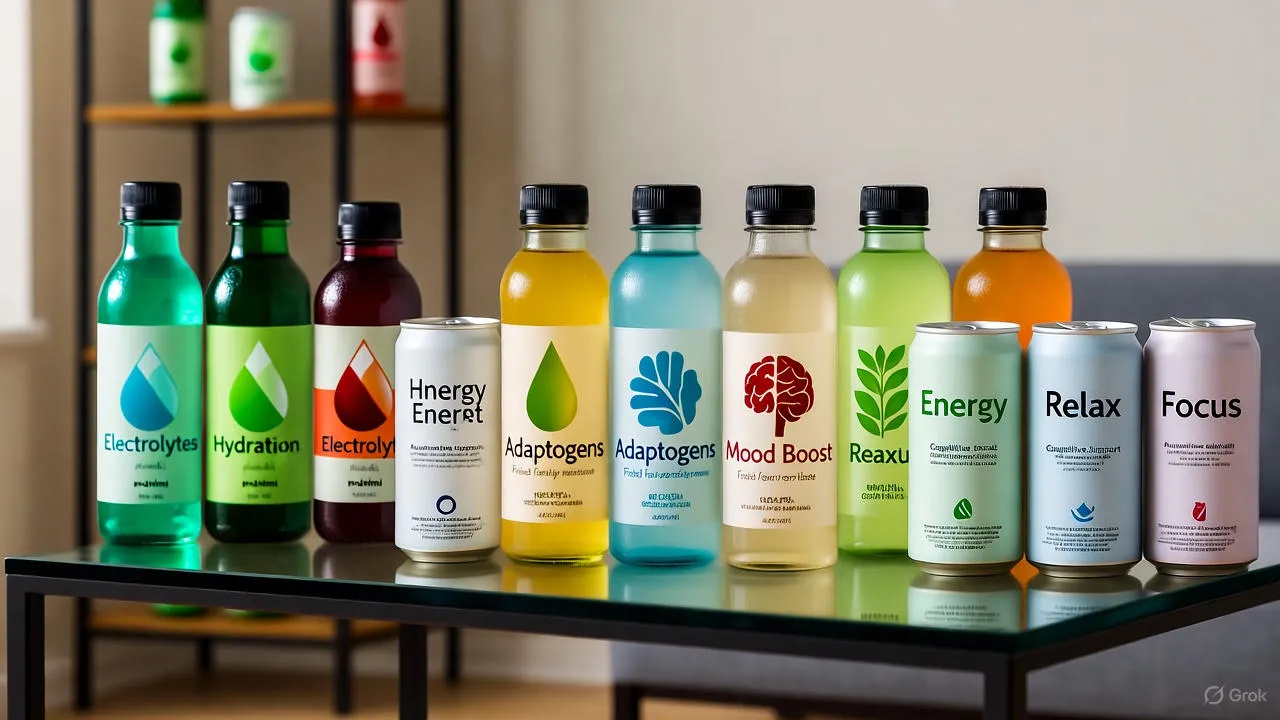 Array of functional beverages including electrolyte drinks, adaptogen waters, and prebiotic sodas on modern surface