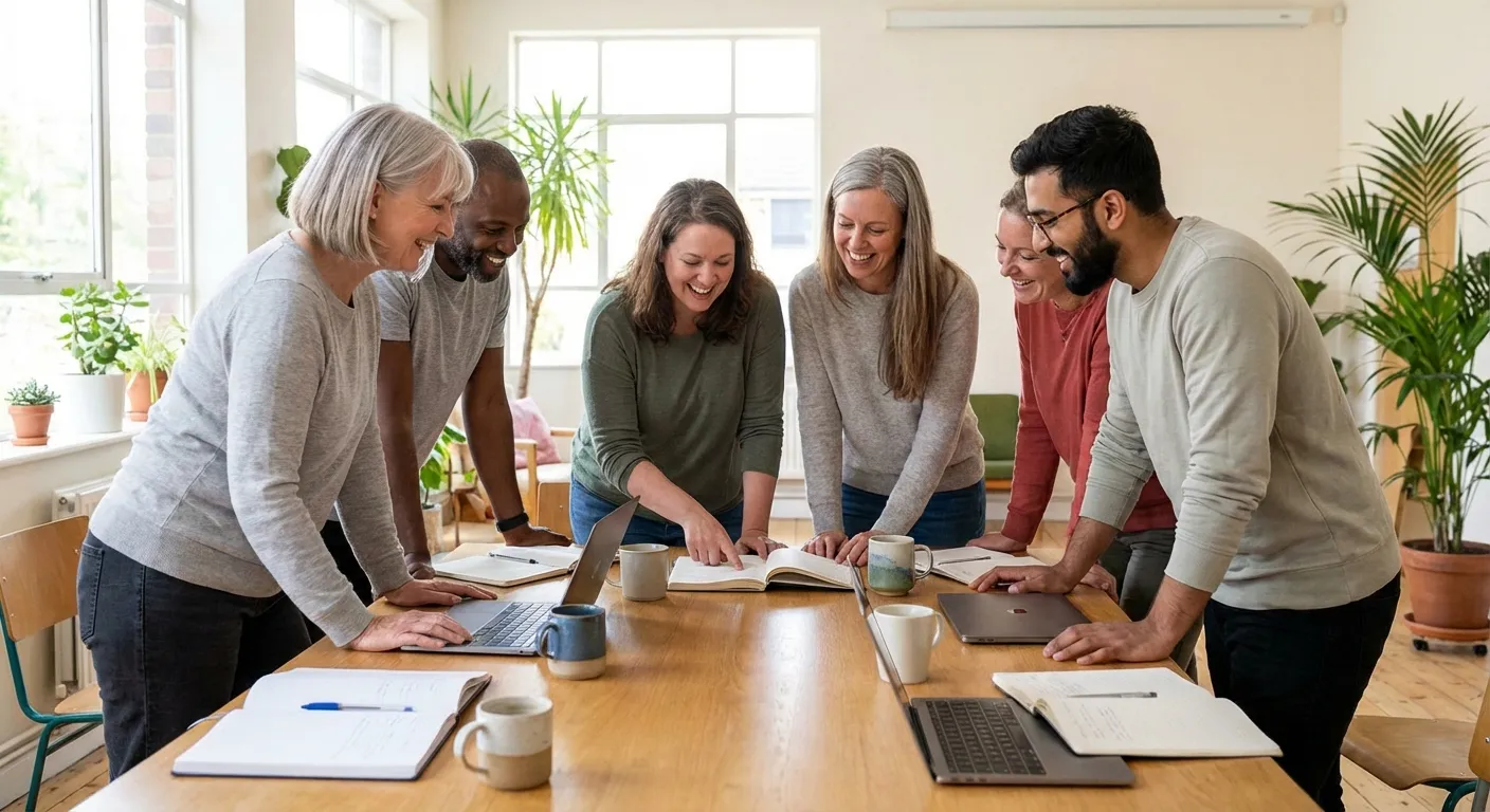 Diverse group of adults in a learning environment collaborating warmly together