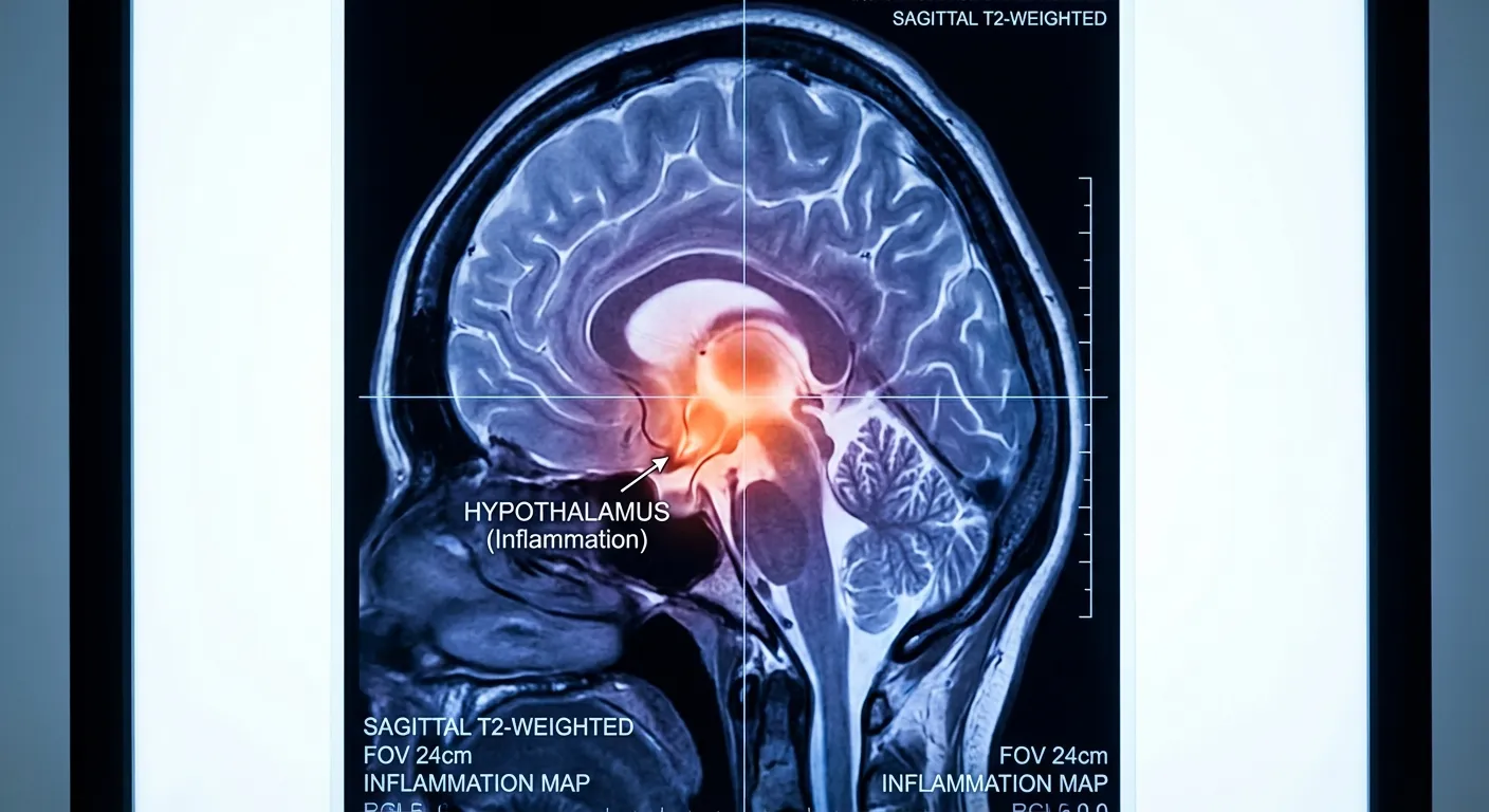 Brain scan visualization showing hypothalamus region with inflammation markers highlighted