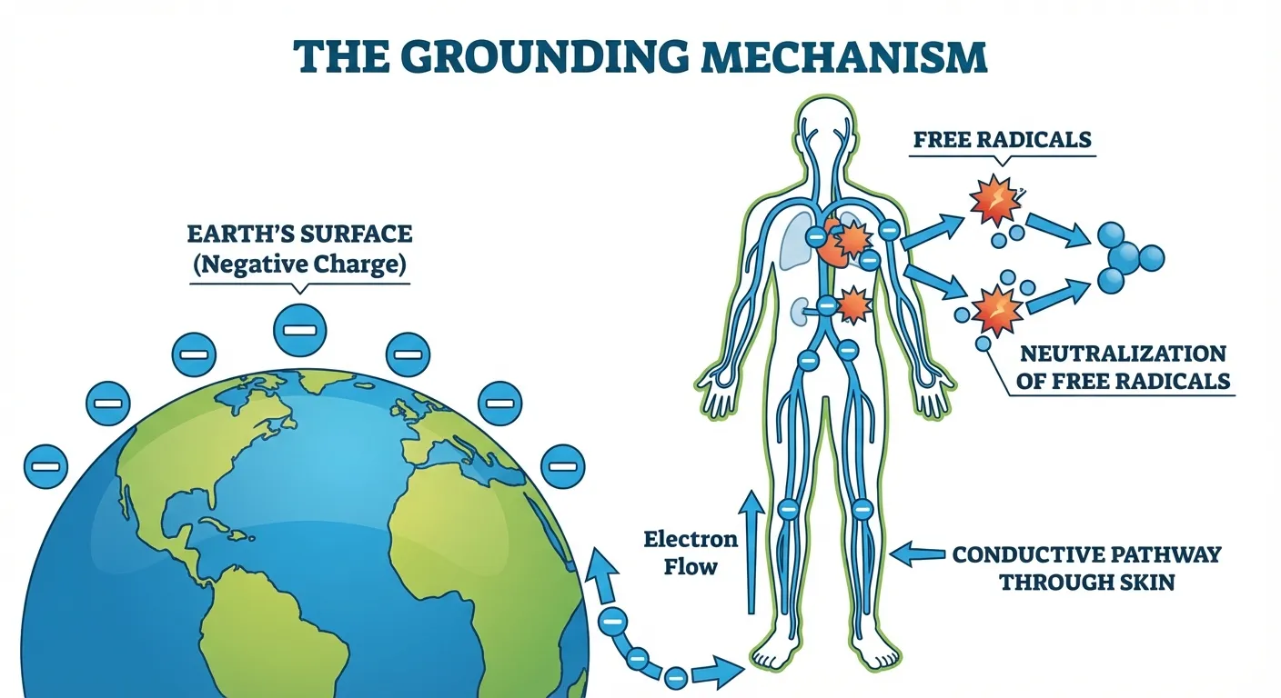 Diagram showing electron transfer from earth's surface through bare feet into human body