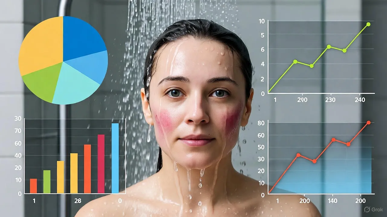 Modern shower head with cold water droplets in bright bathroom