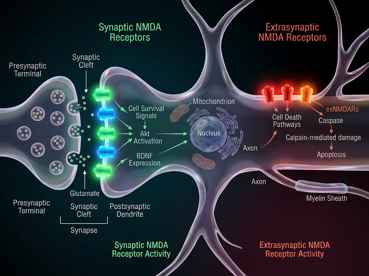 Diagram showing synaptic and extrasynaptic NMDA receptors on a neuron with different colored signals
