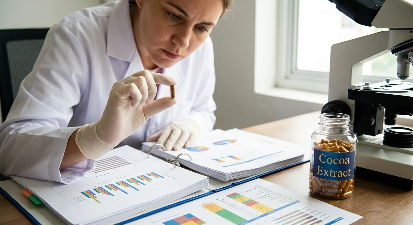 Researcher in lab coat examining cocoa extract supplement capsules and data charts