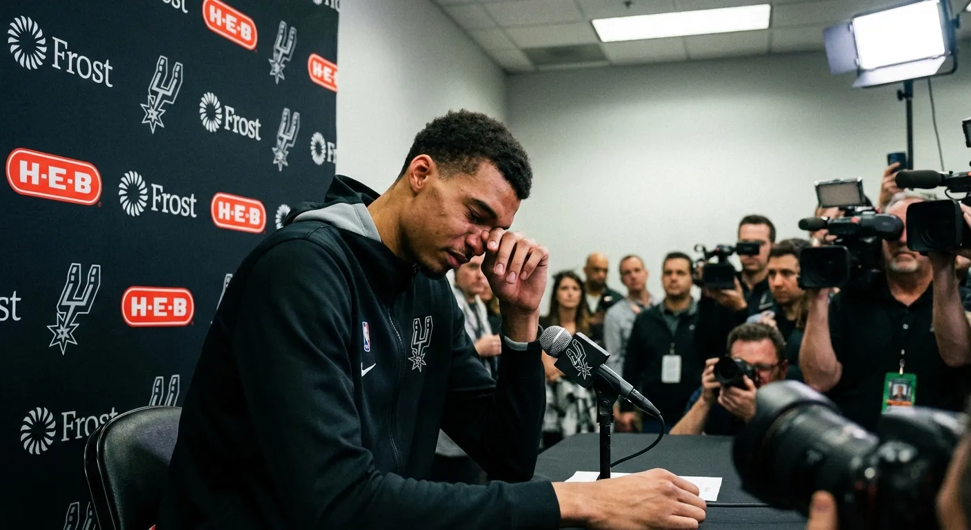 Victor Wembanyama emotional at post-game podium after the loss