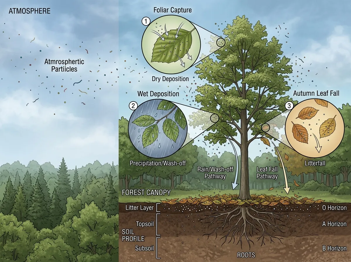 Diagram showing microplastics settling from atmosphere through tree canopy to forest floor