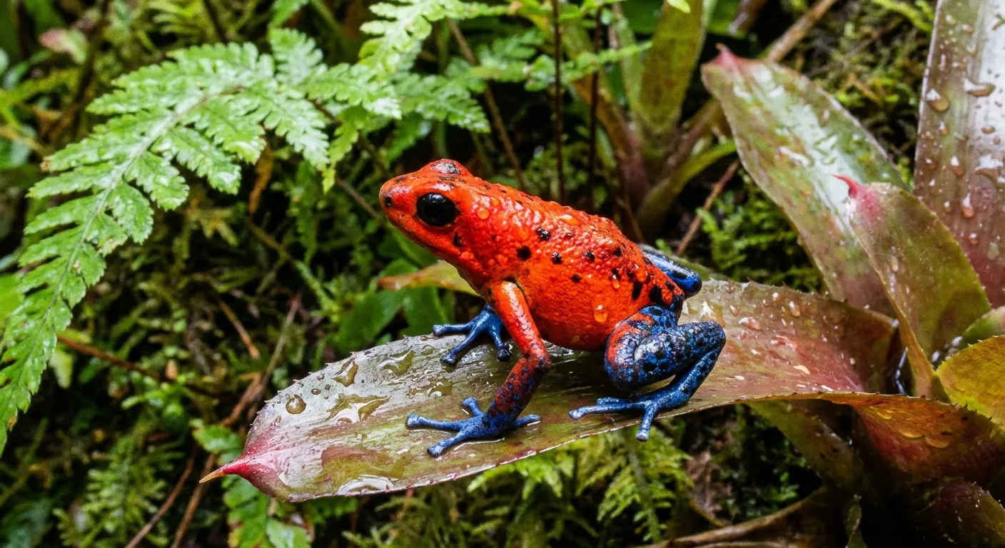 Close-up of a brightly colored Ecuadorian poison dart frog on a leaf